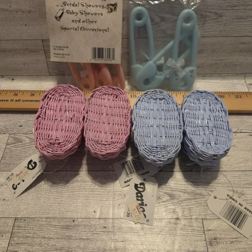 Vintage‎ Baby Shower Decor Plastic Diaper Pins Wicker Baby Shoes